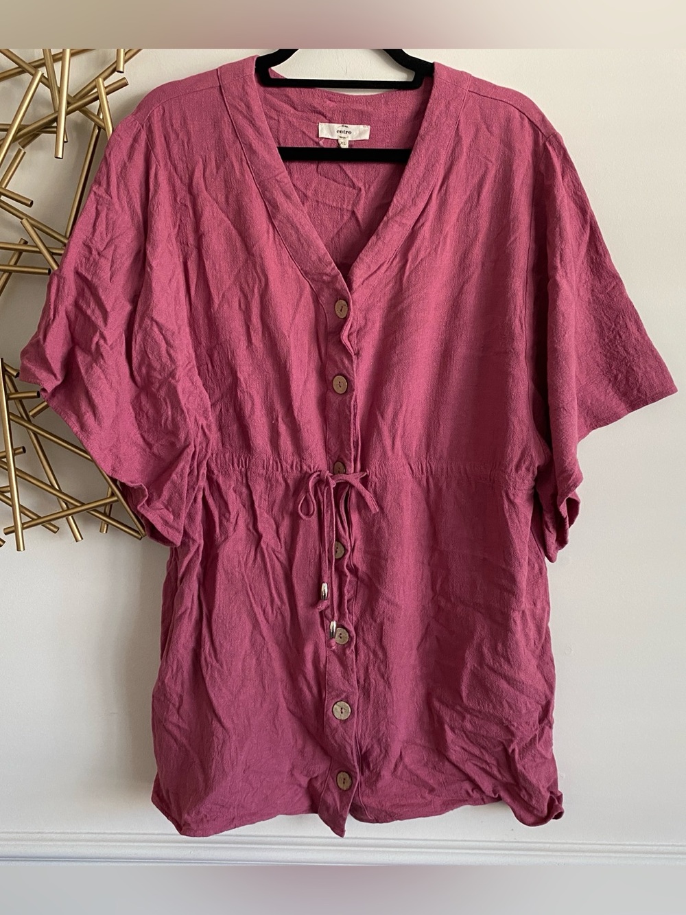 Entro Rose Pink Linen Button Up Tie Waist Flutter Sleeve Tunic Top Cover Up - XL